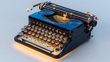 Vintage typewriter with gleaming keys, illuminated softly, set against a minimalist backdrop photo