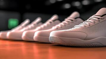 Close-up of multiple pairs of stylish white sneakers arranged in a modern indoor setting photo