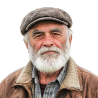 Portrait of a wise old farmer against a transparent background showcasing his life experiences and enduring spirit, Wise Old Farmer Portrait on transparent background png