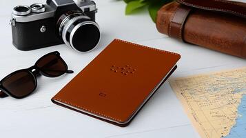 Stylish brown leather notebook placed beside a vintage camera and sunglasses on a table, with a map photo