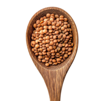 Brown lentils in a wooden spoon resting on a clean transparent surface with scattered lentils around for a fresh look, Brown Lentils in wooden spoon on transparent background png