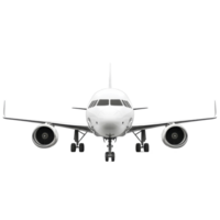 A front view of a modern airplane on a clean transparent backdrop showcasing its sleek design and powerful engines, Front View of Airplane on transparent background png