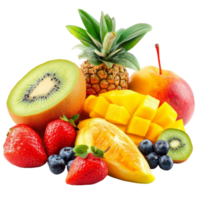 uma vibrante coleção do fresco orgânico frutas Incluindo mangas, morangos, e kiwi arranjado artisticamente para mostrar, diferente tipos do fresco orgânico frutas pilha em uma transparente fundo png