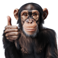 Chimpanzee giving a thumbs up gesture against a clean transparent background, symbolizing positivity and approval in a unique expression, Chimpanzee Giving ThumbsUp Isolated on transparent background png