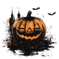 Spooky Halloween pumpkin tshirt design featuring a haunted house and bats on a transparent background, Halloween tshirt design icon on transparent background png