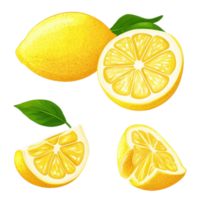 Fresh and juicy lemons with slices showcasing vibrant yellow color and natural texture, ripe lemon fruit half and slices isolated, Fresh and Juicy LemonTransparent background png