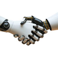 Robot hand engages in handshake with another robotic hand against plain background, close up a robot hand shaking another hand, Transparent background png