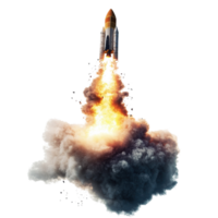 Rocket launches into the sky with fierce flames and smoke during the ascent, Rocket Launch with Fiery Explosion and Smoke, isolated on Transparent background png