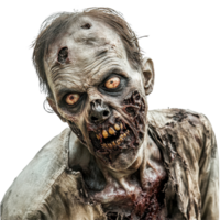 Terrifying zombie with decaying skin and haunting stare on Transparent background creates eerie atmosphere, Terrifying zombie facing the camera on background png