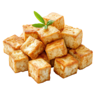 Fried tofu cubes presented on a clean white background with a touch of green garnish for freshness, Fried tofu cubes isolated on white background png