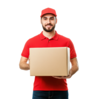Delivery man smiling while holding a package in a studio setting with a Transparent background, Delivery Man with Package Isolated on background png