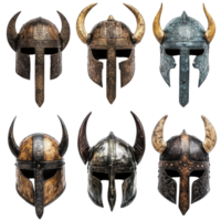 Viking helmets on a Transparent background showcasing historical replications and unique designs for collectors, Viking helmets isolated on background png