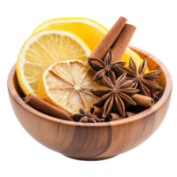 Dried lemon slices, cinnamon sticks, and star anise create a warm spice blend in a wooden bowl, Cinnamon sticks, dried lemon and star anise spice in wooden bowl isolated on white background png
