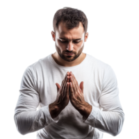 Man praying with hands pressed together in a moment of devotion and reflection, Man Praying with malted palms. Christianity symbol, Transparent background png