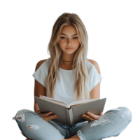 Caucasian female sitting cross legged reading a book in a minimalistic indoor setting, Caucasian female sitting cross legged with a textbook and laptop open in front her png