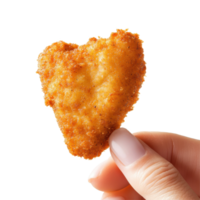 Hand holding a crispy chicken nugget strip shaped like a heart against a plain white background, Hand holding a chicken nugget, strip, isolated on white background png