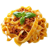 A generous serving of pasta bolognese features wide, tender fettuccine noodles topped with a rich, meaty sauce, Delicious pasta bolognese on Transparent background png