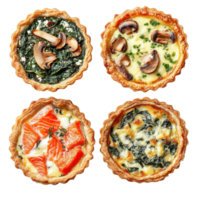 Quiche selection featuring classic Lorraine, mushroom, spinach, and feta varieties in a cozy kitchen setting, Quiches Classic Lorraine, Mushroom, Spinach Feta, and Salmon on Transparent background png
