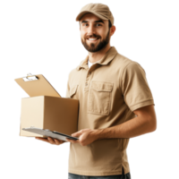Delivery man holding package and clipboard in studio setting against Transparent background, Delivery man with box and clipboard isolated on background png