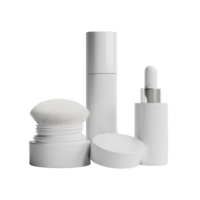 Cosmetic products placed on a white surface emphasizing simplicity and elegance, cosmetic products in white containers isolated png