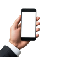 Business professional showcasing mock up smartphone in hand for presentation purposes, Business man person hold mock up phone in hand on White background file png