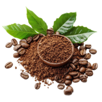 Instant coffee granules and fresh coffee leaves arranged on a clean white background, instant coffee and leavesisolated on white background png