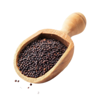 Mustard seeds in a wooden scoop isolated on Transparent background for culinary use and spice preparation, mustard seeds in wood scoop isolated on background png
