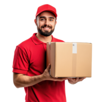Delivery man smiling while holding a package in front of a Transparent background, Delivery Man with Package Isolated on background png