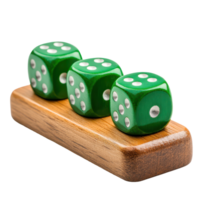 Green game dice arranged neatly on a wooden base against a white background, Green board game counter isolated on white background png