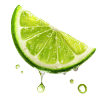 Freshly sliced juicy lime dripping with water on a clean white surface, Juicy slice of lime with drop of water on Transparent background png
