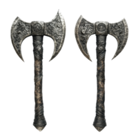 Fantasy battle axes displayed on a white background showcasing intricate designs and craftsmanship, Fantasy Battle Axes or Hatchet Isolated on white background png