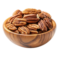 Pecans in wooden bowl captured against a clean Transparent background, Pecans in wood bowl isolated on background png