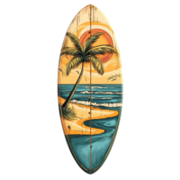 Vibrant surfboard design featuring palms, ocean waves, and a sun setting over the beach, surfboard with palms, ocean and sun, png