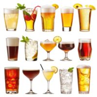 Various cocktails and beers displayed on a Transparent background, showcasing diverse drink options for gatherings, various drinks, cocktails and beer isolated on background png