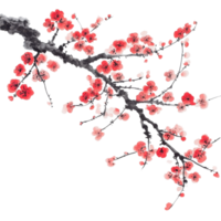 Plum blossom branch in Chinese ink painting style with vibrant red and subtle gray tones, Plum blossom with Chinese ink painting style Transparent background png