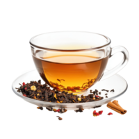 Elegant glass cup of tea with loose tea leaves and spices on a clean Transparent background for a cozy experience, teapot isolated on background png