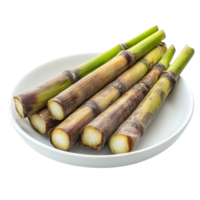 Sugarcane stalks arranged on a white plate isolated against a clean Transparent background, sugarcane in white plate isolated on background png