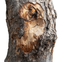 Closeup view of a textured tree trunk with a bird perched on it against a Transparent background, close up a tree trunk with a bird on it png
