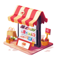 Online mobile shop offers a variety of gadgets in a cartoon style setting with a playful Transparent background, Online mobile shop with cartoon style background png
