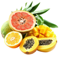 Ripe tropical fruits including papaya, mango, and grapefruit displayed on a Transparent background, Ripe tropical fruits on a background isolate png