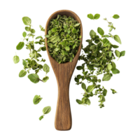 Freshly dried oregano leaves in a wooden scoop on a Transparent background, Oregano in scoop isolated on background png