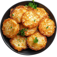 Crispy hash browns on a black plate garnished with fresh parsley from a top view against a white background, Hash browns on black plate, top view, isolated white background png