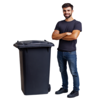 Man confidently standing by a trash can with arms crossed against a Transparent background, Man standing next to trash can isolated on background png