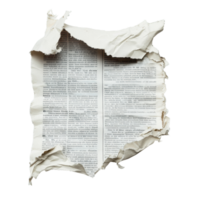 Torn newspaper piece with visible text isolated on Transparent background showcasing texture and details of printed material, Torn Newspaper Piece isolated on background png