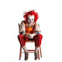 Scary clown sitting on a chair in isolation against a bright Transparent background, Scary clown sitting on a chair isolated on background png