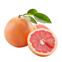 Fresh grapefruit sits beside a sliced half with green leaves on a bright white background, Grapefruit in white background format png