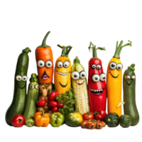 Cheerful group of vegetables with faces celebrating their uniqueness in a bright setting, group vegetables with faces and eyes, white background png