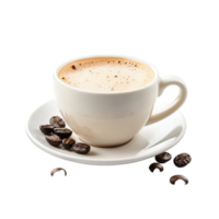 Fresh coffee in a white cup with roasted beans on a saucer against a plain white background, Fresh coffee on white background png