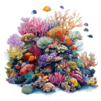 Colorful coral reef teeming with diverse fish species in a vibrant underwater habitat, very colorful coral reef with many different fish Transparent background png
