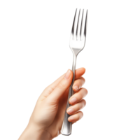 Hand holding a fork against a white background in a simple culinary presentation, Hand holding fork isolated on white background png